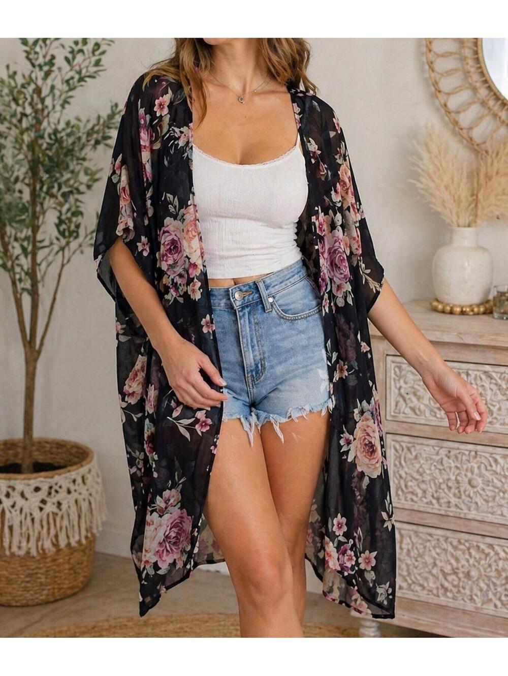 West Coast Love Black Floral Kimono S/M Sheer Boho Duster Hippie Cover Up